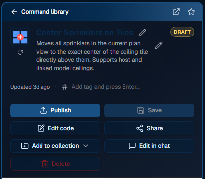 A saved Argus command — Center Sprinklers on Tiles — open in the command library with Publish, Edit code, Share and Add to collection actions