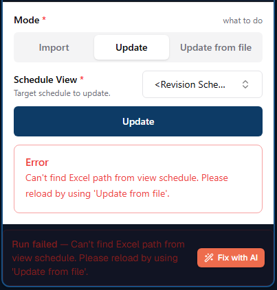 Argus command panel showing a run error with a one-click Fix with AI button