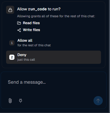 Argus permission prompt asking to allow run_code — read files and write files — with Allow all or Deny options