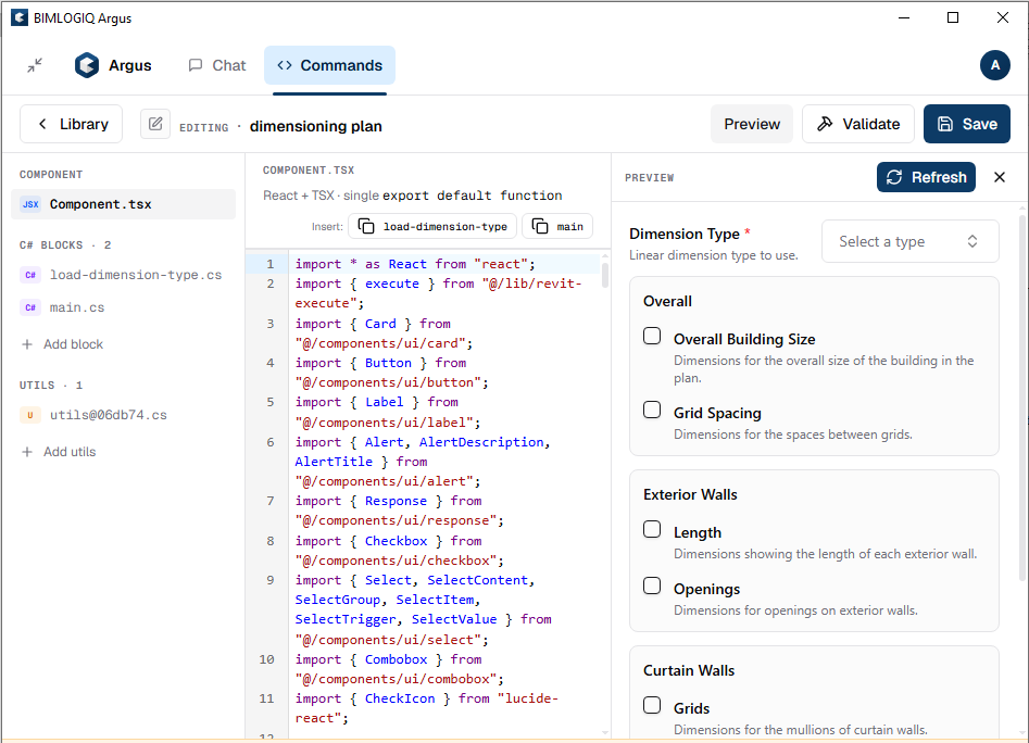 The Argus command editor: left rail with Component, C# Blocks and Utils; code editor in the middle with an Insert toolbar; live preview panel on the right; Preview / Validate / Save buttons in the top-right.