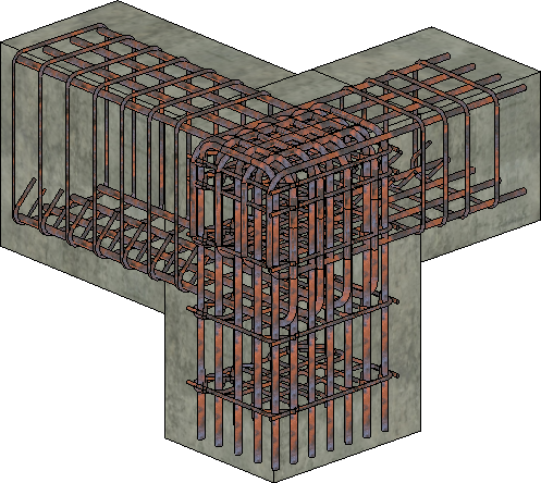 Beam-column joint modeled in Revit with rebar generated by Argus — longitudinal bars, stirrups and ties in concrete members